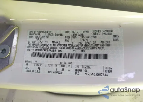 2015 Ford Escape Se z USA, uszkodzony, nr VIN 1FMCU9GX9FUB51103